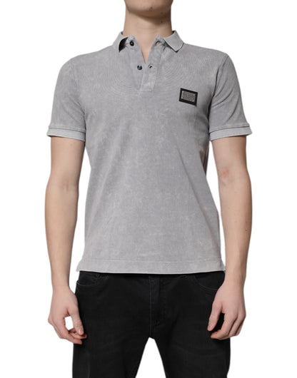 Dolce & Gabbana Gray Logo Plaque Cotton Polo Shirt
