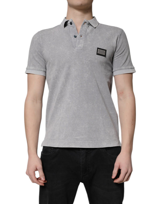 Dolce & Gabbana Gray Logo Plaque Cotton Polo Shirt