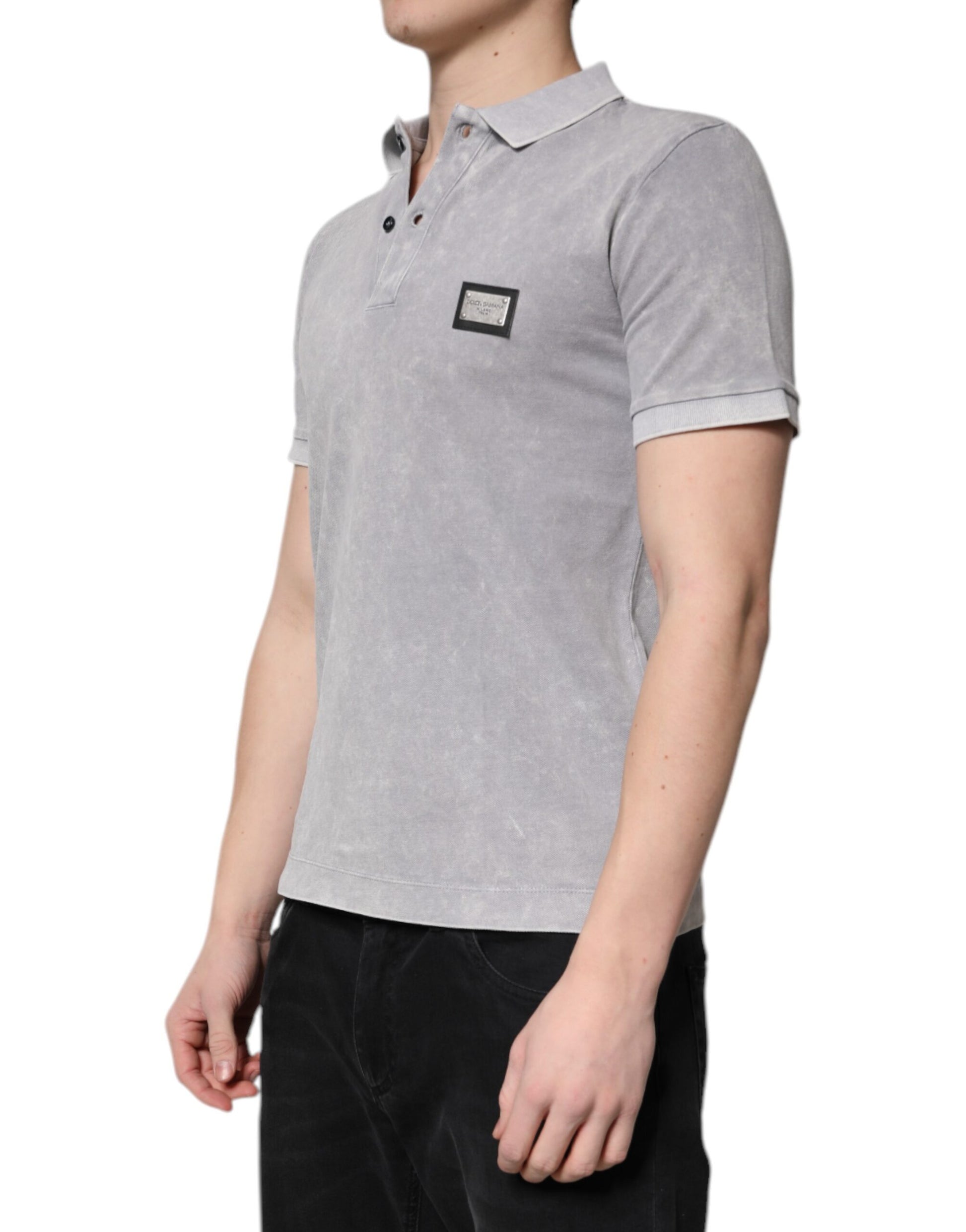 Dolce & Gabbana Gray Logo Plaque Cotton Polo Shirt