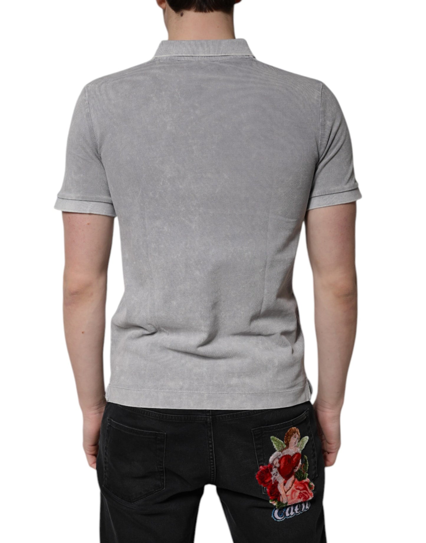 Dolce & Gabbana Gray Logo Plaque Cotton Polo Shirt