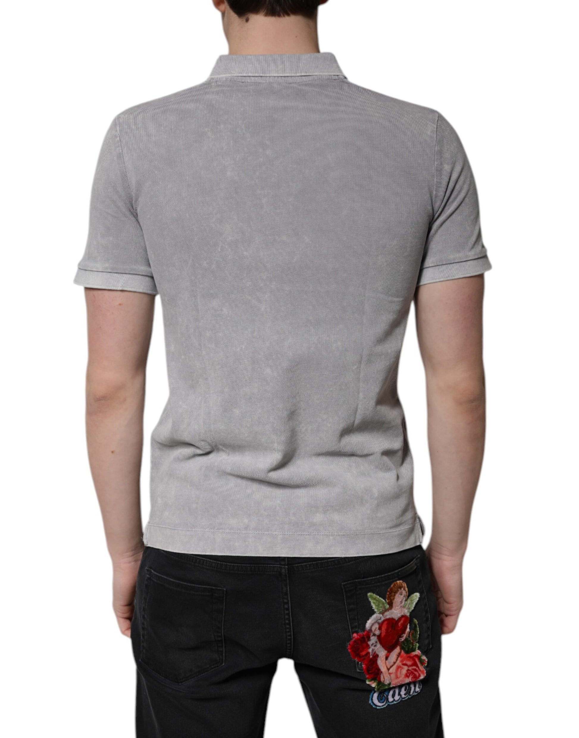 Dolce & Gabbana Gray Logo Plaque Cotton Polo Shirt