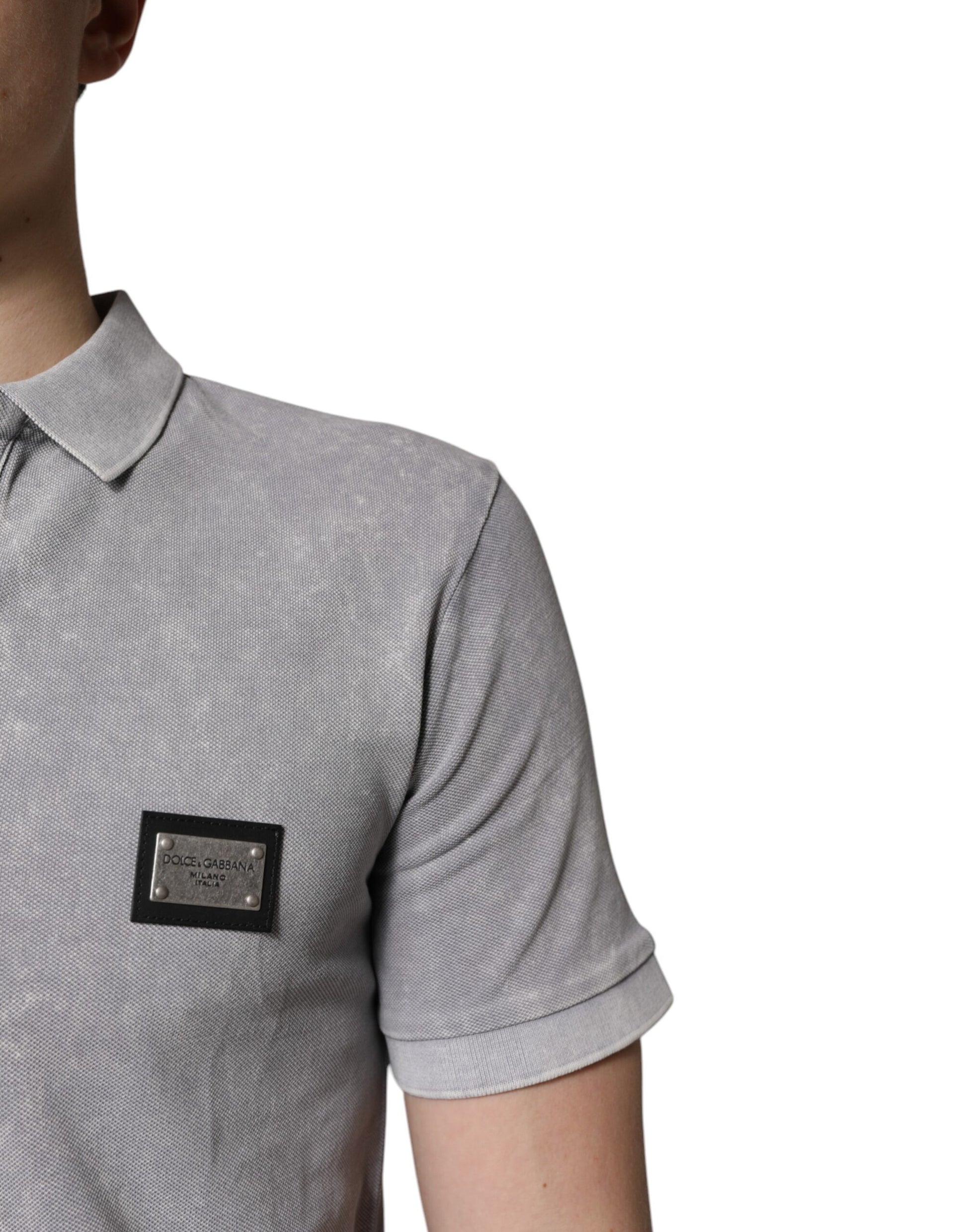 Dolce & Gabbana Gray Logo Plaque Cotton Polo Shirt
