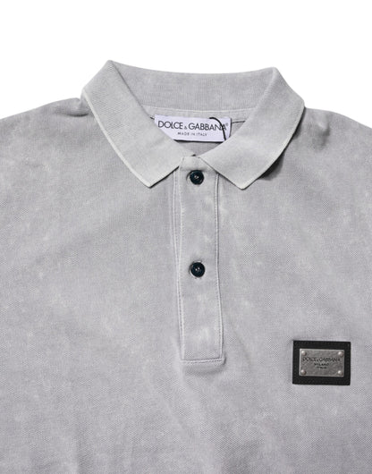 Dolce & Gabbana Gray Logo Plaque Cotton Polo Shirt