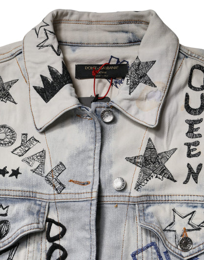 Dolce & Gabbana Light Blue Graffiti Button Down Denim Jacket