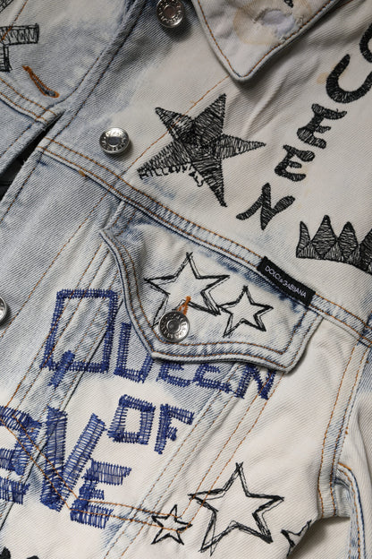Dolce & Gabbana Light Blue Graffiti Button Down Denim Jacket