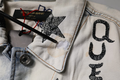 Dolce & Gabbana Light Blue Graffiti Button Down Denim Jacket