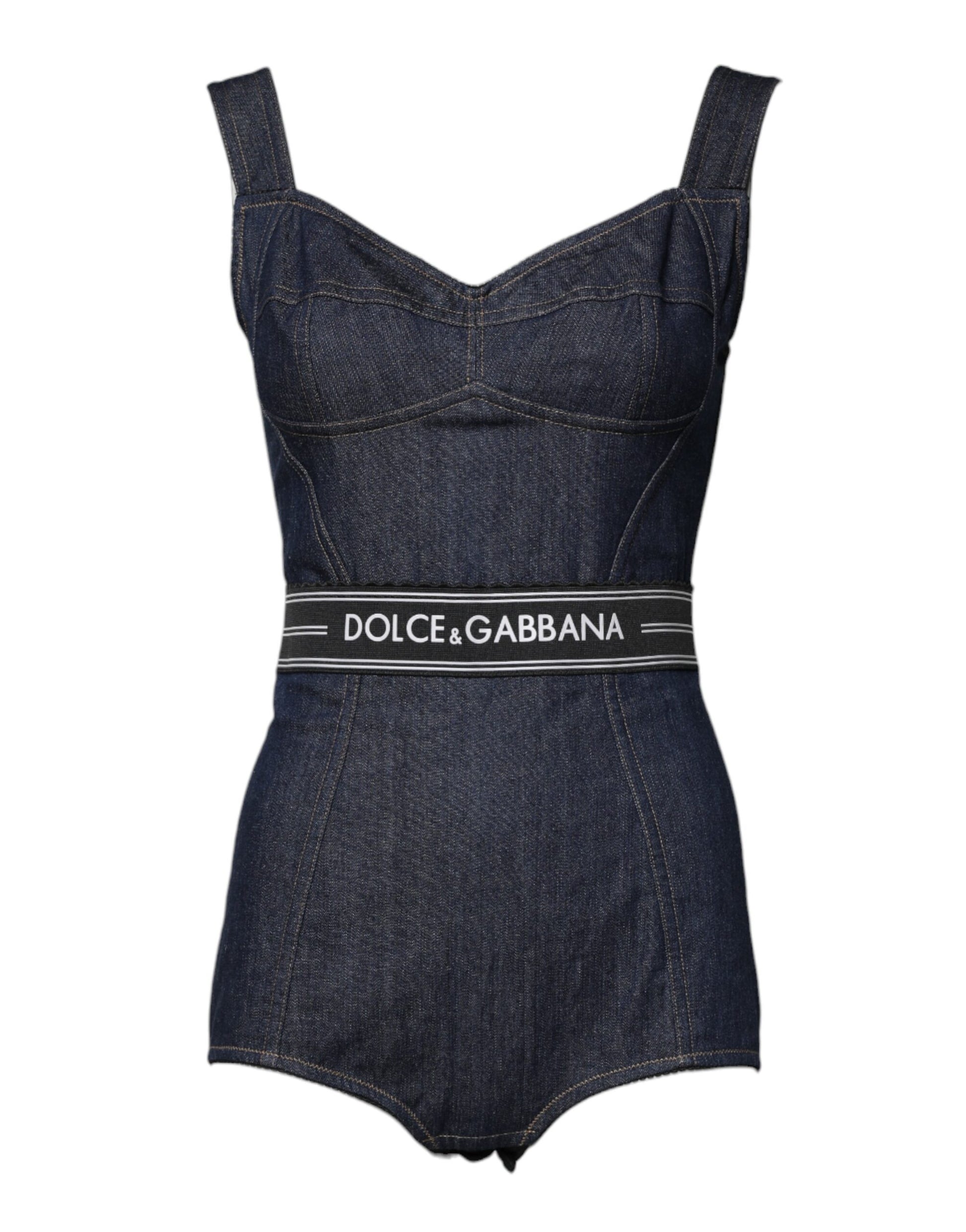 Dolce & Gabbana Blue Stretch Denim Bodysuit with Logo Waistband – Sleeveless Bodycon Fit