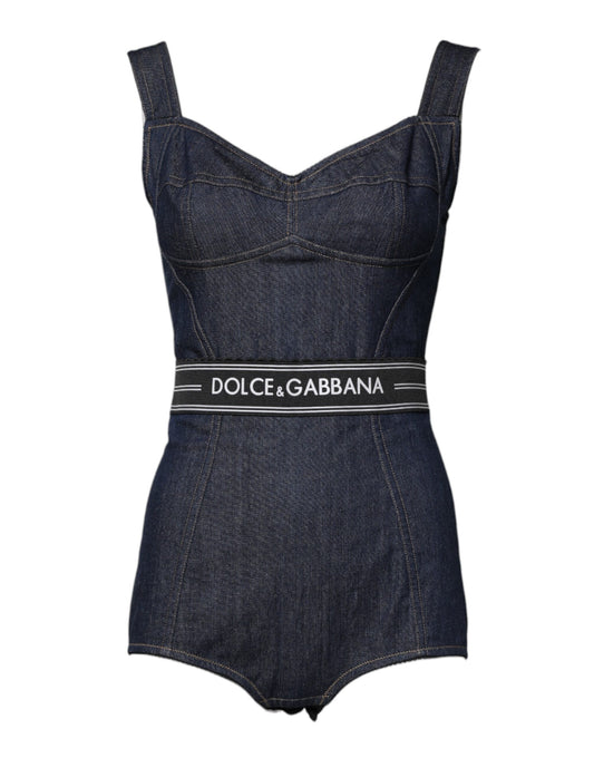 A blue denim bodysuit with Dolce & Gabbana branding on the waist, featuring a V-neckline and sleeveless design.