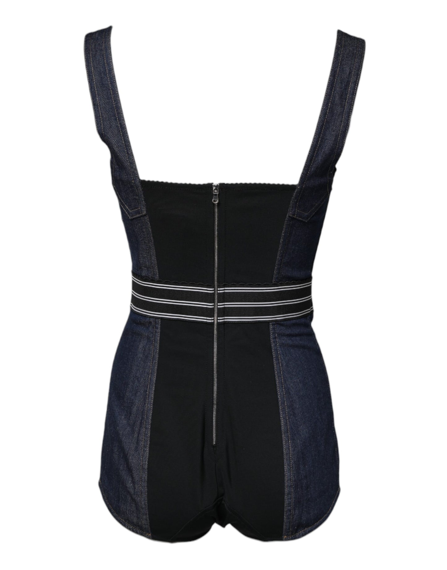 Dolce & Gabbana Blue Stretch Denim Bodysuit with Logo Waistband – Sleeveless Bodycon Fit