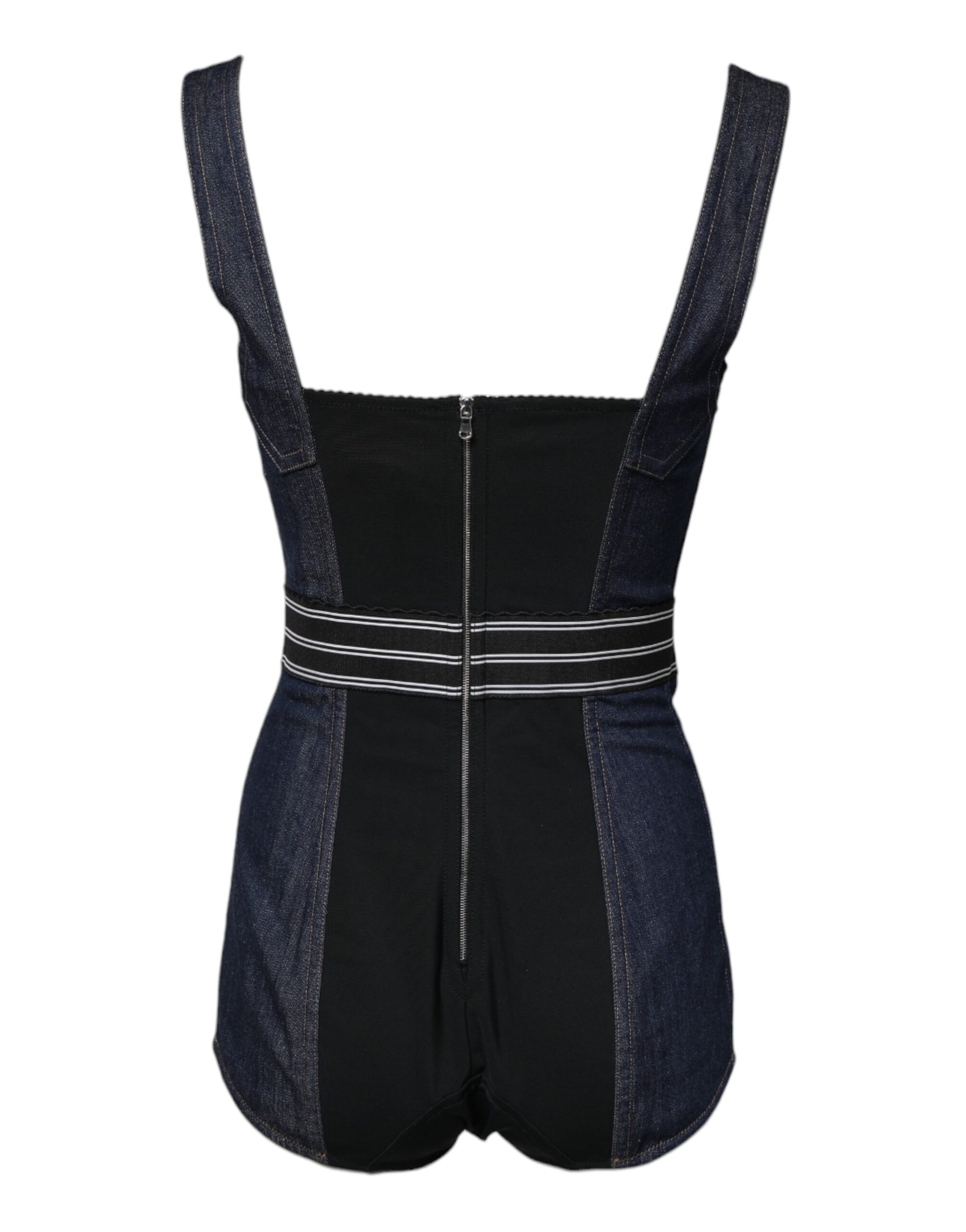 Dolce & Gabbana Blue Stretch Denim Bodysuit with Logo Waistband – Sleeveless Bodycon Fit