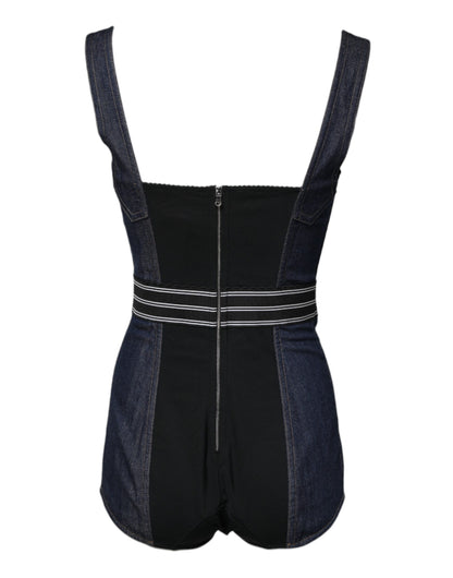 Dolce & Gabbana Blue Stretch Denim Bodysuit with Logo Waistband – Sleeveless Bodycon Fit