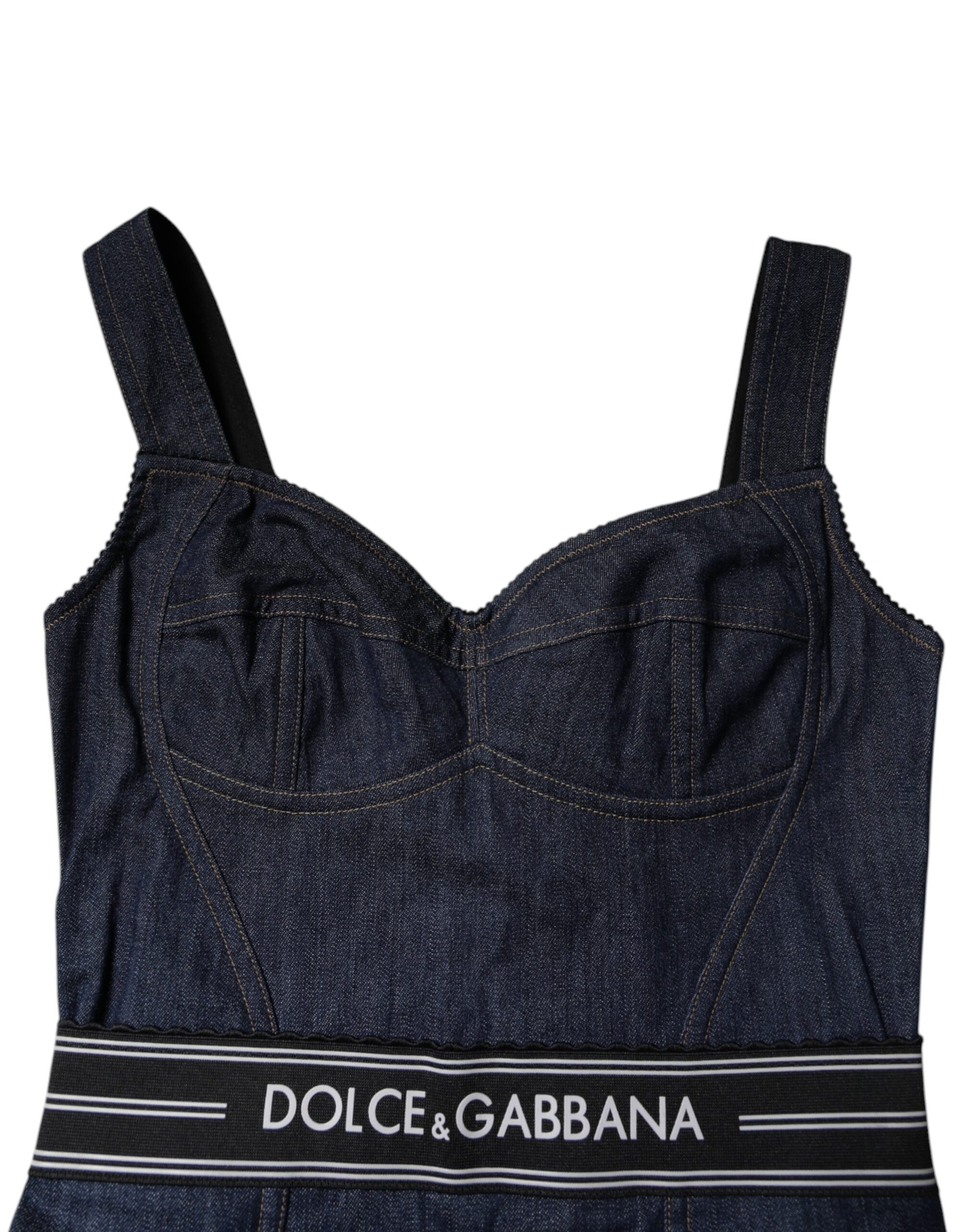 Dolce & Gabbana Blue Stretch Denim Bodysuit with Logo Waistband – Sleeveless Bodycon Fit