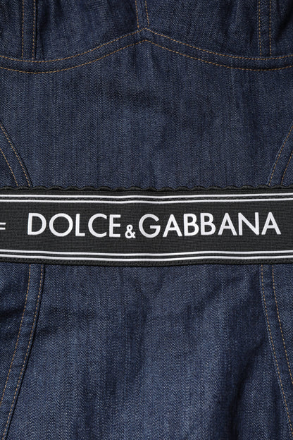 Dolce & Gabbana Blue Stretch Denim Bodysuit with Logo Waistband – Sleeveless Bodycon Fit