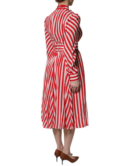 Dolce & Gabbana White Red Stripes Long Sleeves Midi Dress