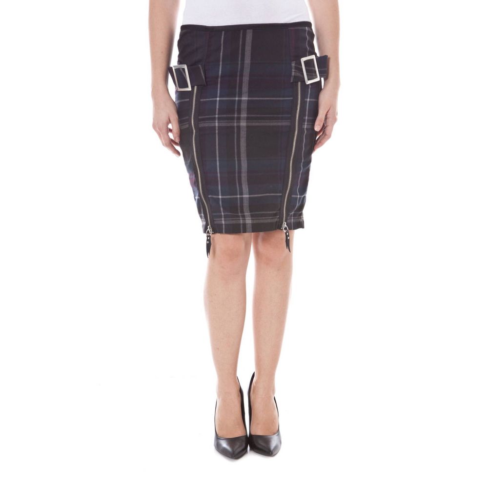 Chic Blue Polyester Skirt with Button and Zip Closure
