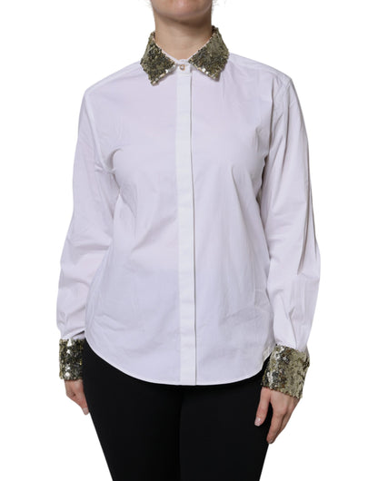 Dolce & Gabbana White Cotton Long Sleeves Sequin Shirt Top