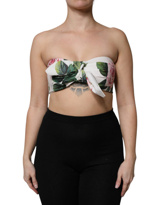 Dolce & Gabbana White Floral Print Cropped Bustier Cotton Top