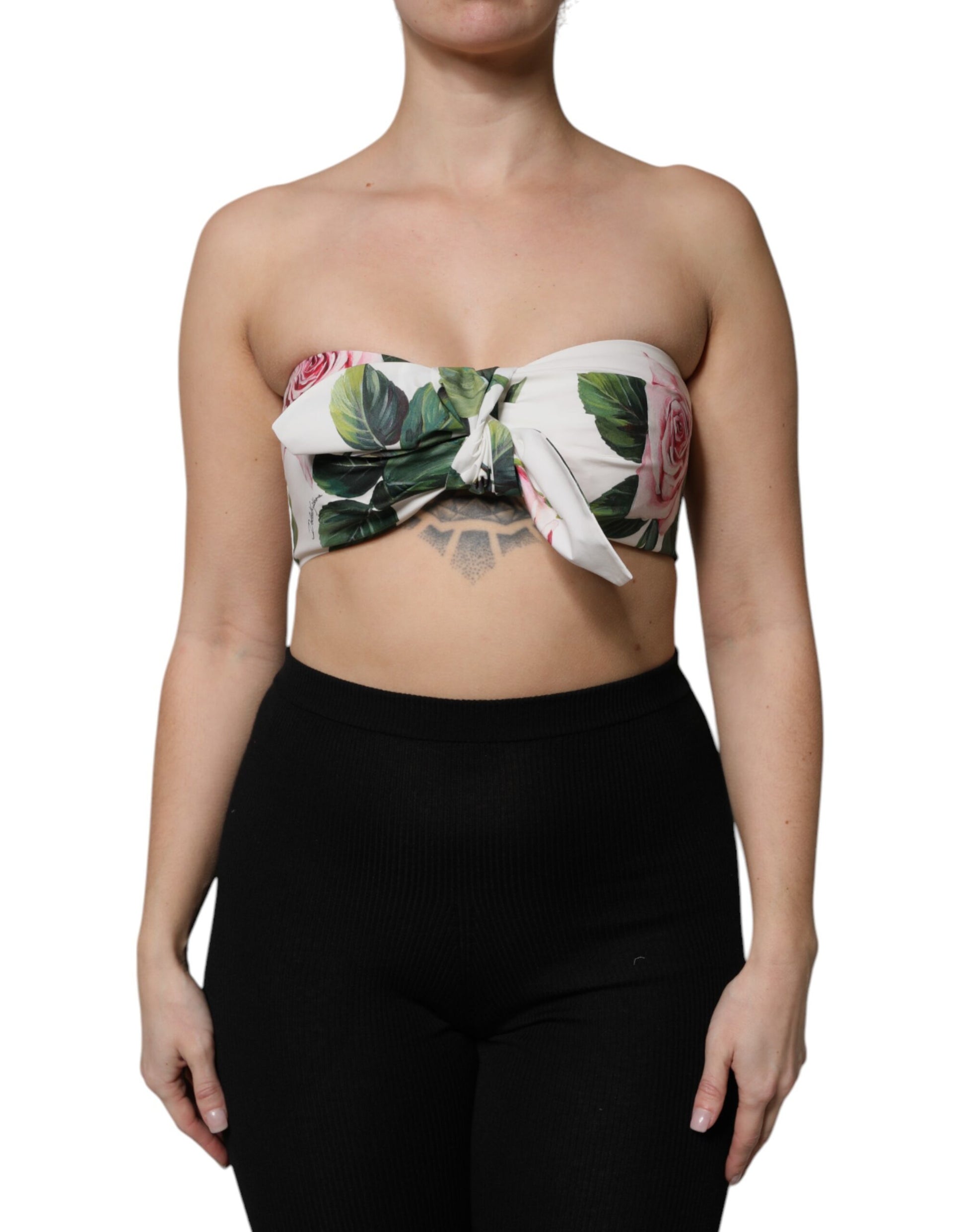 Dolce & Gabbana White Floral Print Cropped Bustier Cotton Top