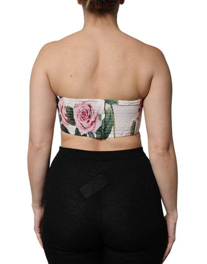 Dolce & Gabbana White Floral Print Cropped Bustier Cotton Top
