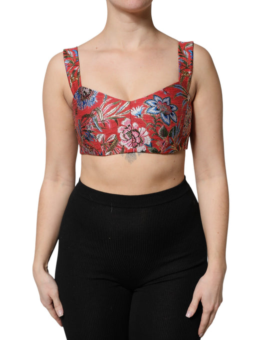 Dolce & Gabbana Red Floral Brocade Cropped Bustier Top