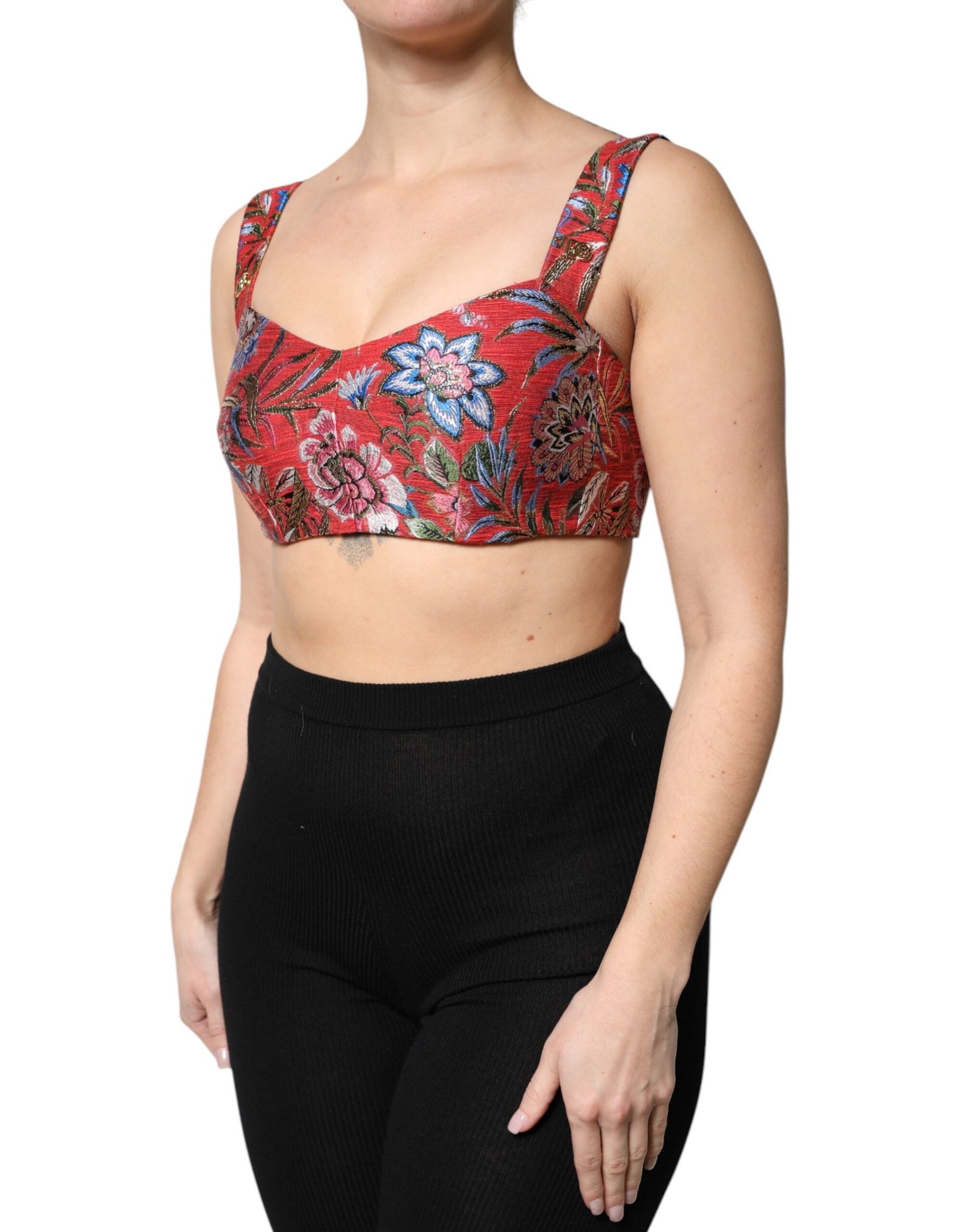 Dolce & Gabbana Red Floral Brocade Cropped Bustier Top