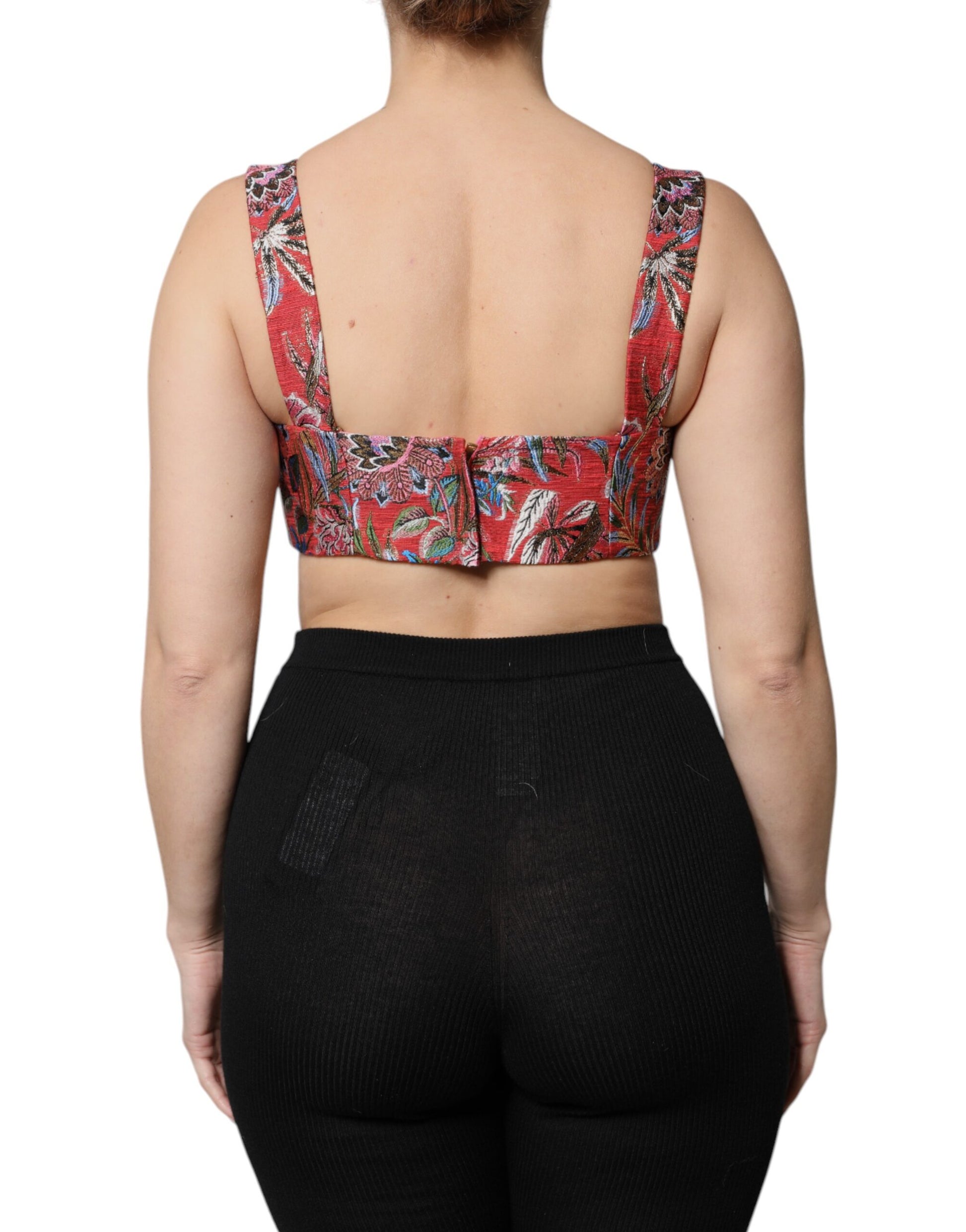 Dolce & Gabbana Red Floral Brocade Cropped Bustier Top