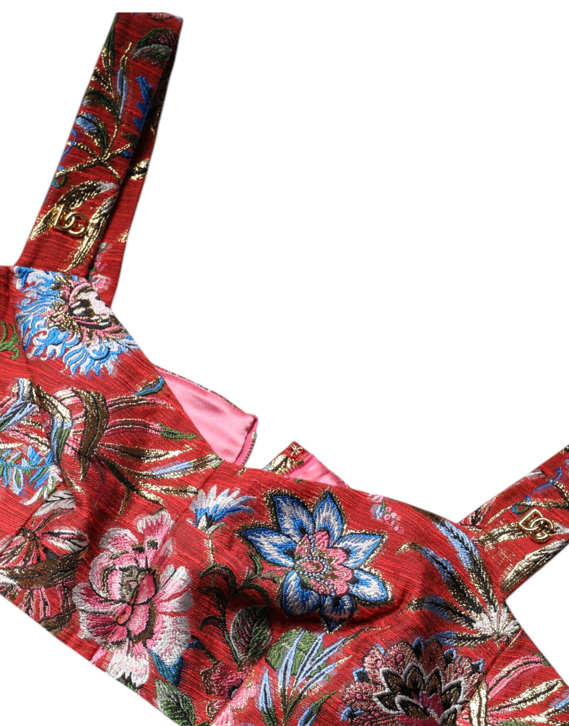 Dolce & Gabbana Red Floral Brocade Cropped Bustier Top