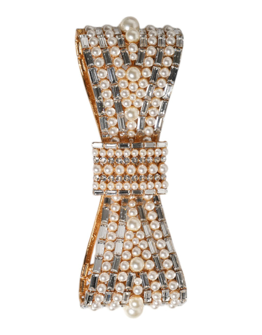 Dolce & Gabbana Gold Tone Brass Bow Crystal Faux Pearl Embellished Brooch