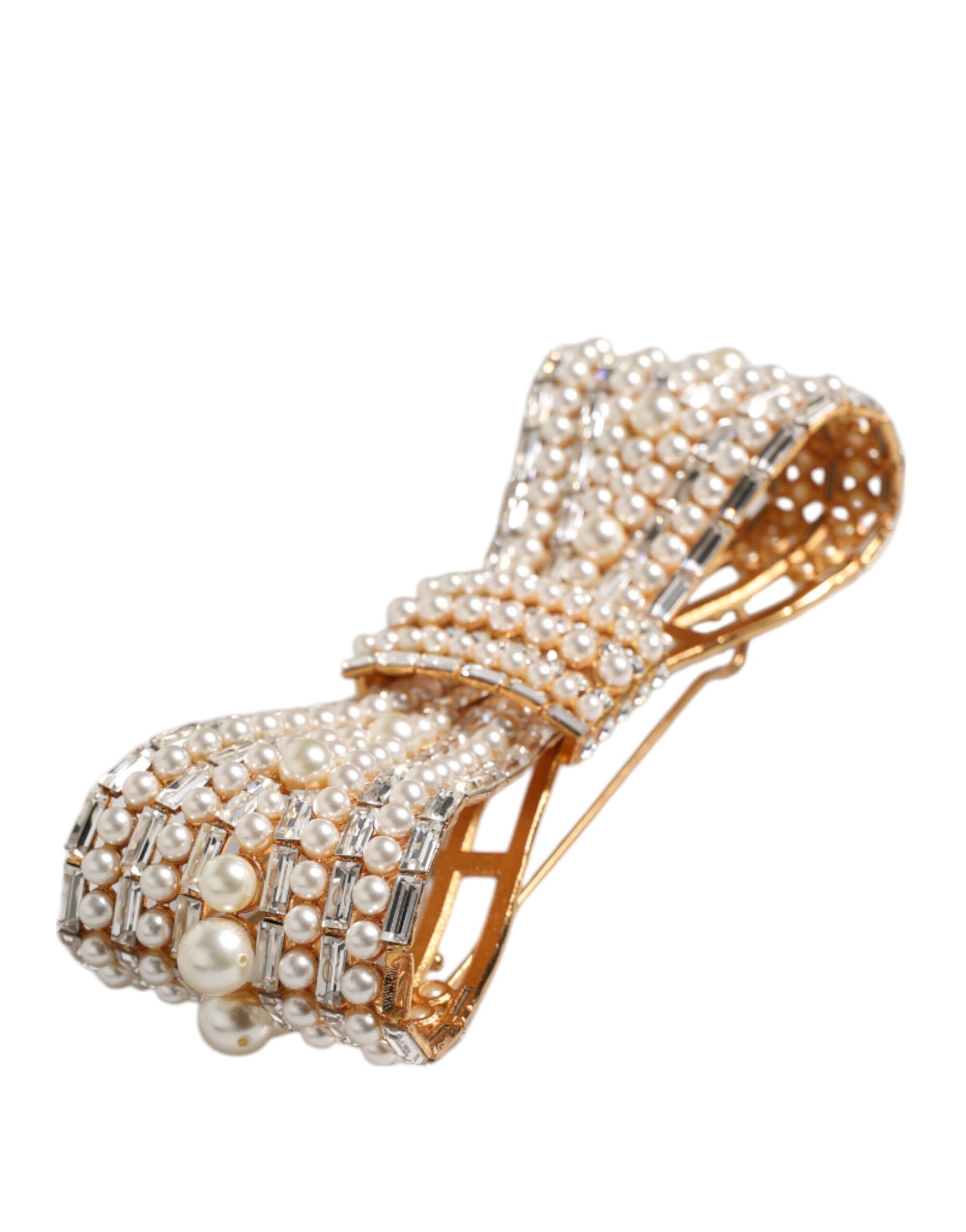 Dolce & Gabbana Gold Tone Brass Bow Crystal Faux Pearl Embellished Brooch