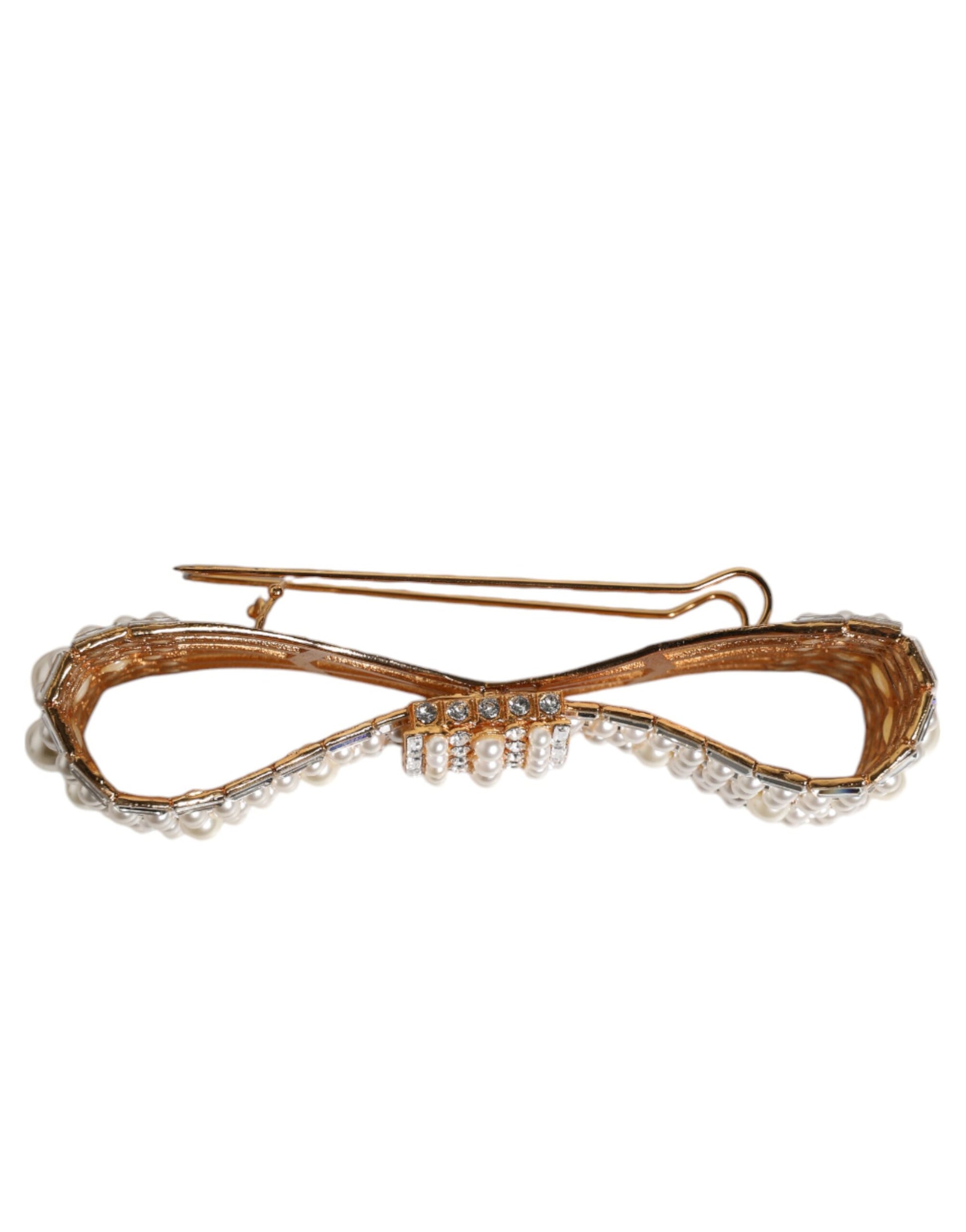 Dolce & Gabbana Gold Tone Brass Bow Crystal Faux Pearl Embellished Brooch