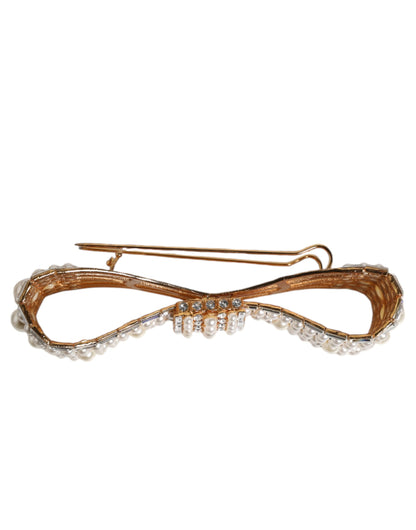Dolce & Gabbana Gold Tone Brass Bow Crystal Faux Pearl Embellished Brooch