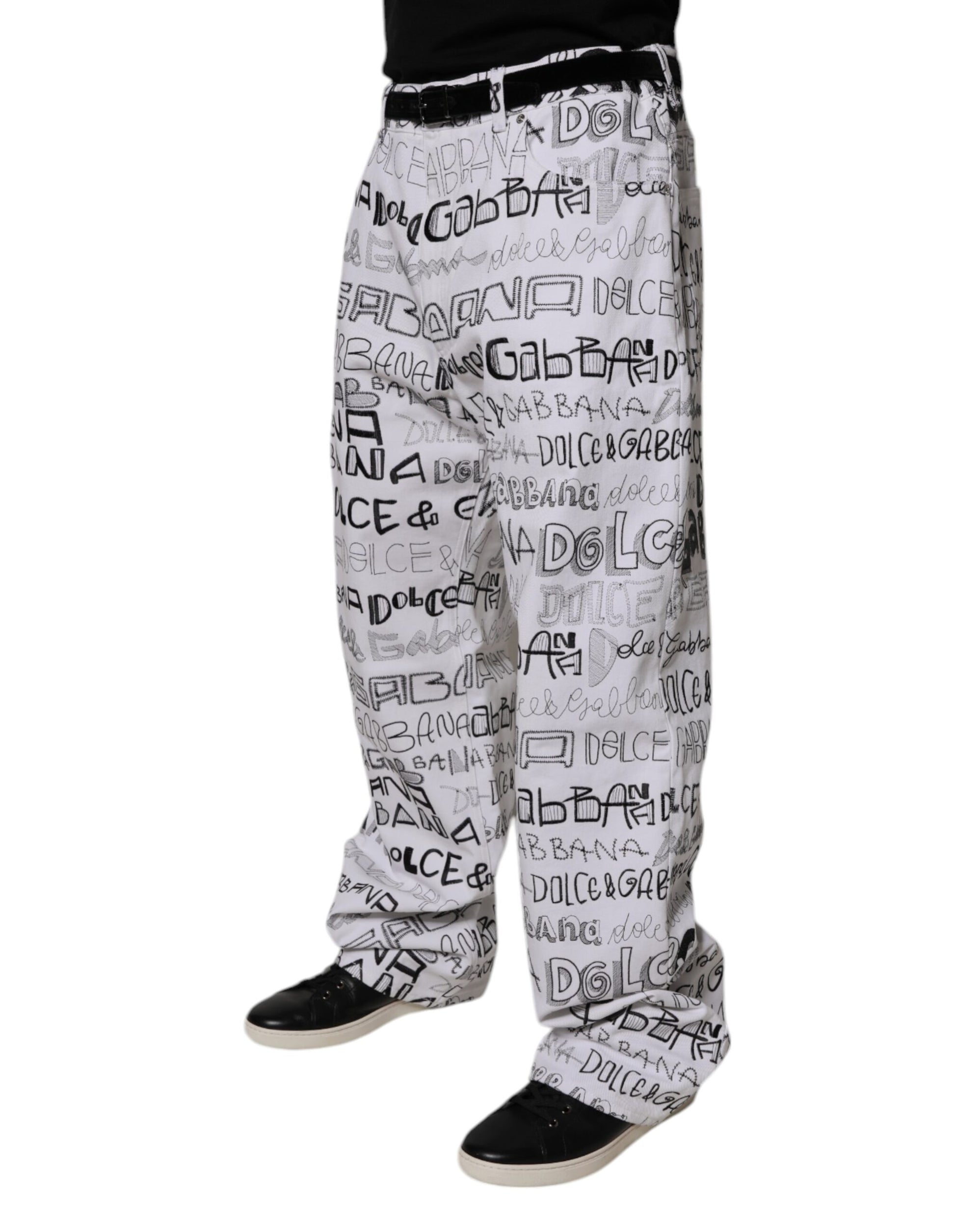 Dolce & Gabbana White Logo Print Straight Denim Jeans for Men
