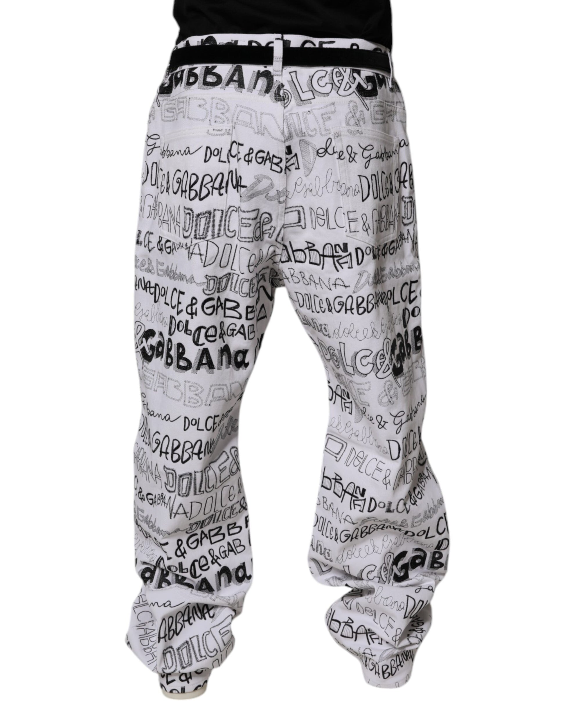 Dolce & Gabbana White Logo Print Straight Denim Jeans for Men