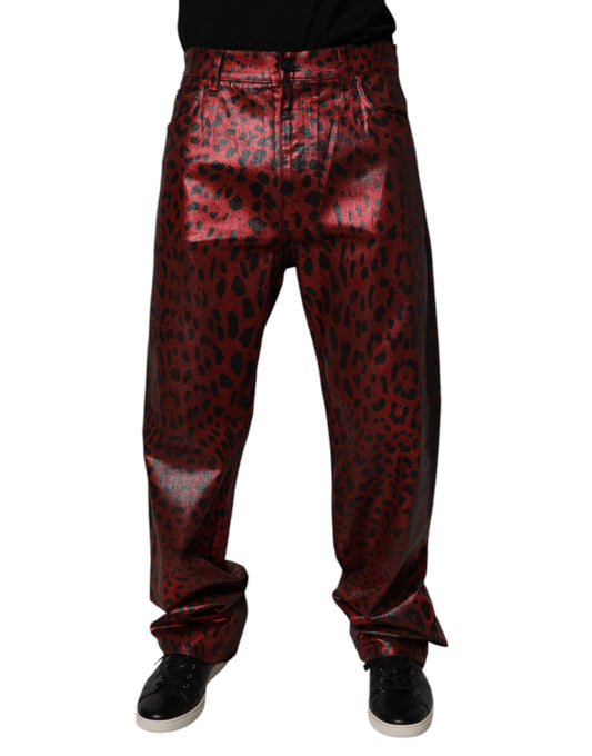 Dolce & Gabbana Red Leopard Cotton Straight Denim Jeans