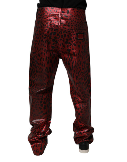 Dolce & Gabbana Red Leopard Cotton Straight Denim Jeans