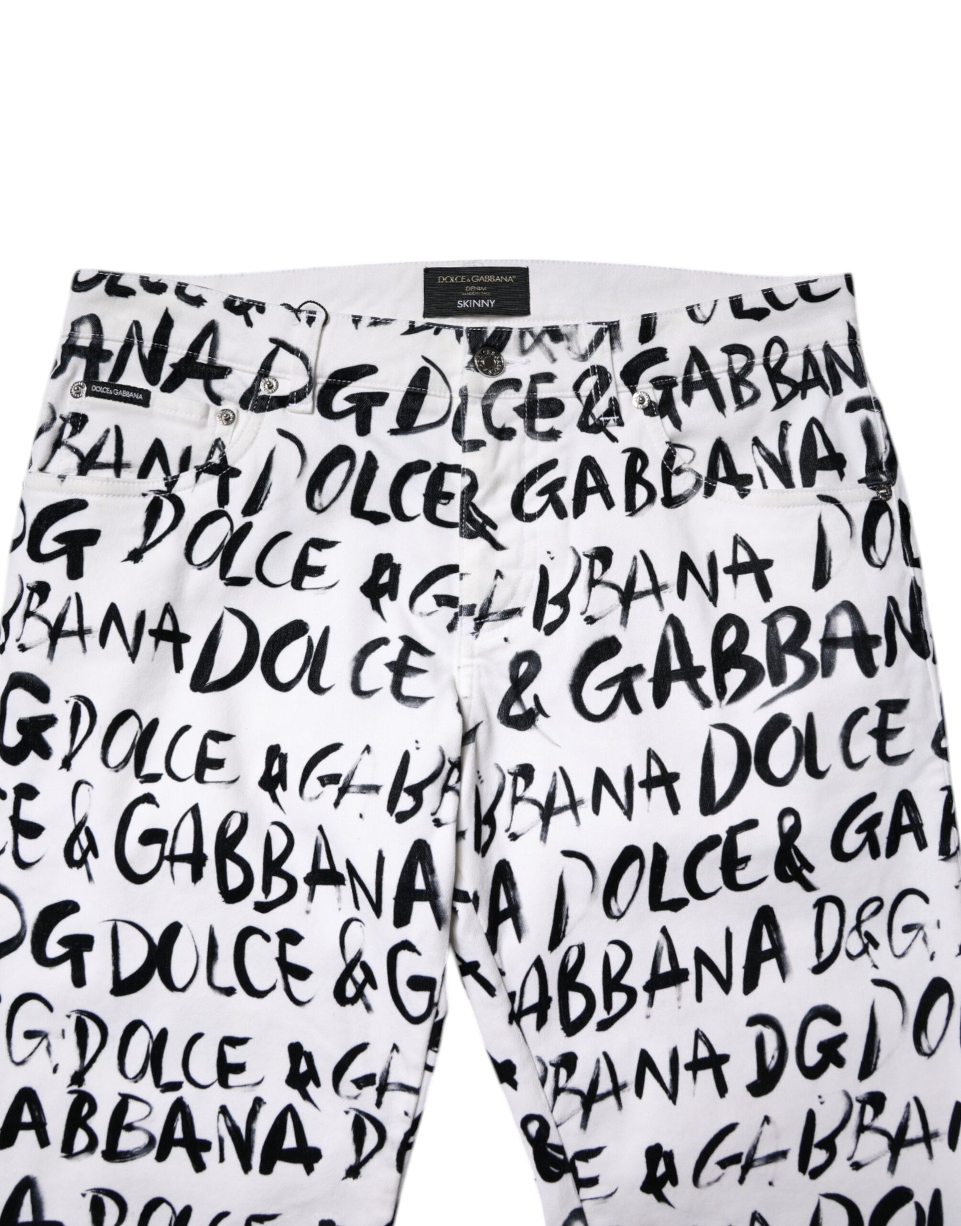 Dolce & Gabbana White Cotton Logo Print Skinny Denim Jeans