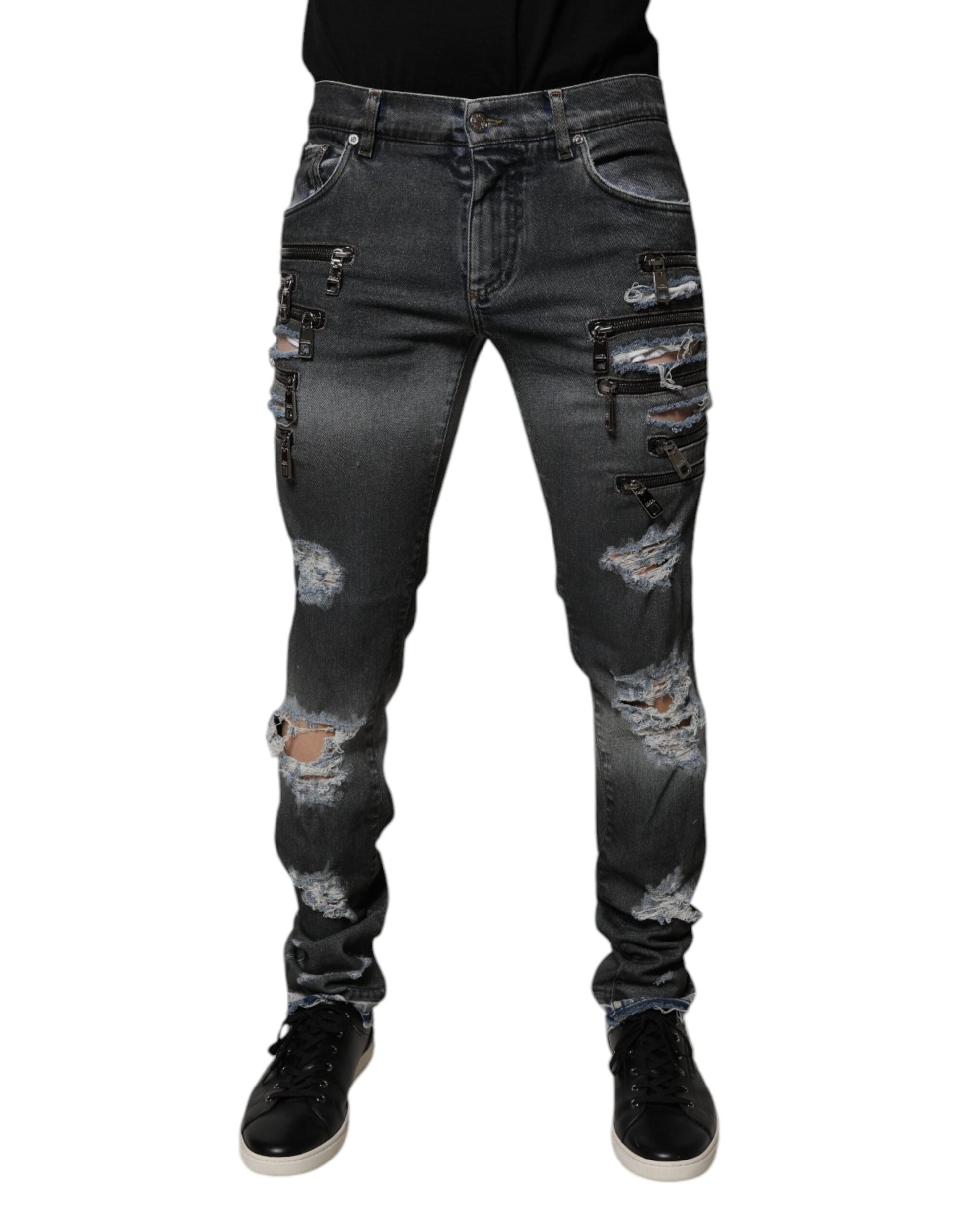 Dolce & Gabbana Dark Gray Tattered Cotton Skinny Denim Jeans