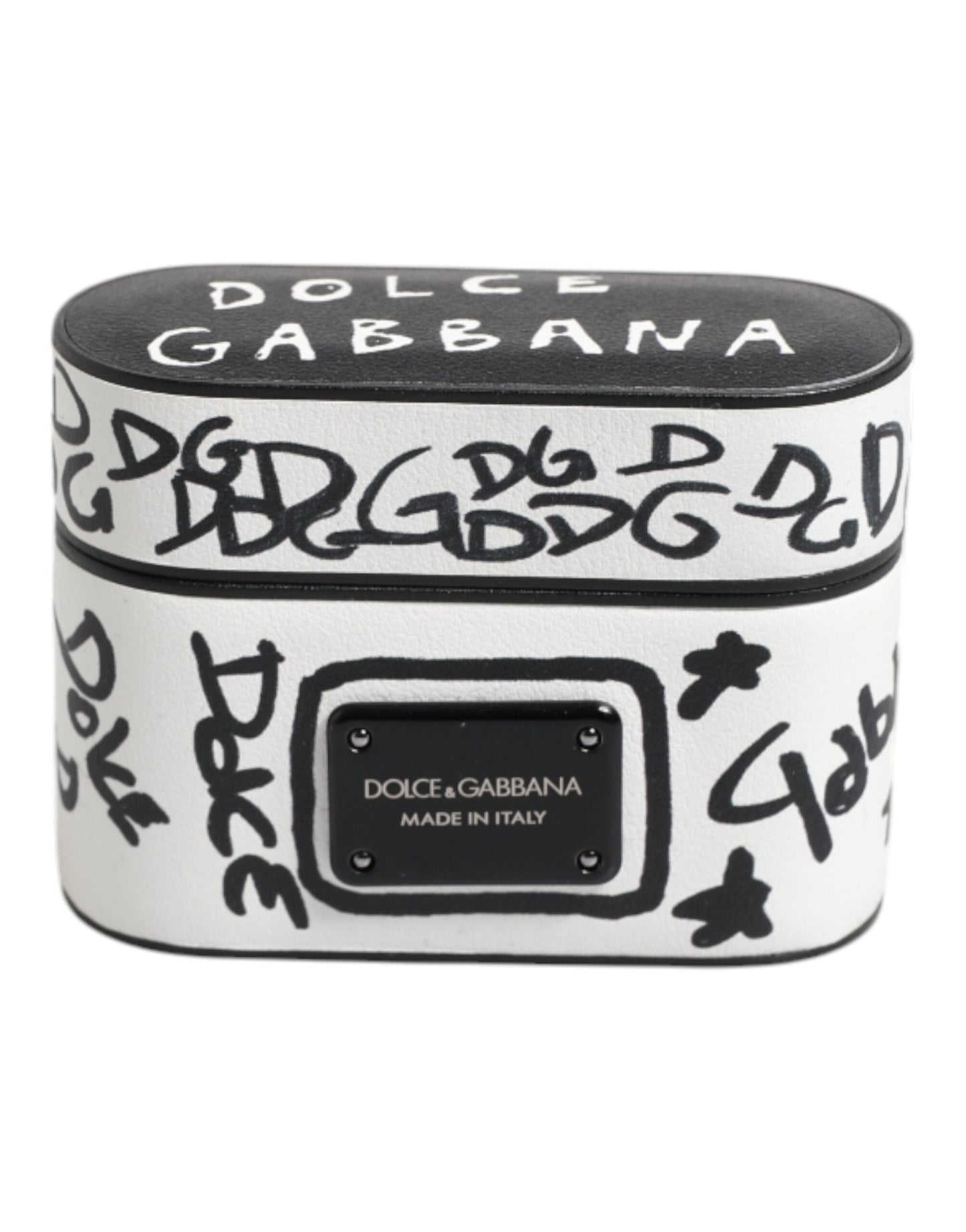 Dolce & Gabbana Black White Leather Scribble Embossed Logo Airpods Case