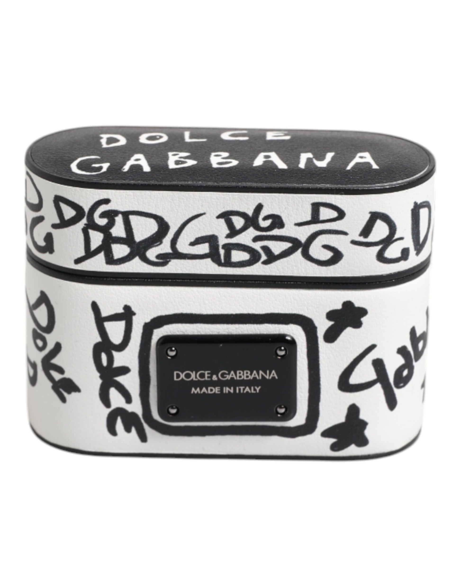 Dolce & Gabbana Black White Leather Scribble Embossed Logo Airpods Case