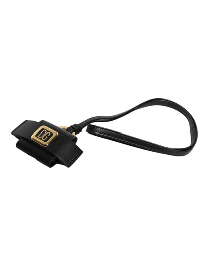 Dolce & Gabbana Black Leather Strap Gold Metal Logo Plaque Airpods Case