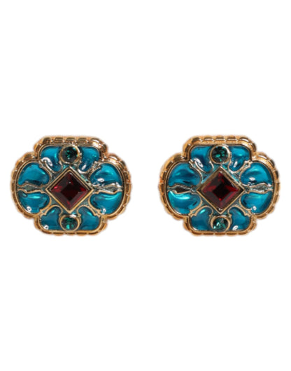 Dolce & Gabbana Gold Brass Blue Enameled Flower Cufflinks