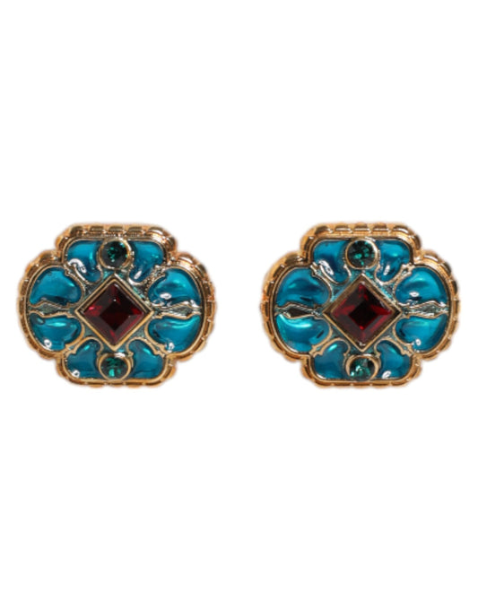 Dolce & Gabbana Gold Brass Blue Enameled Flower Cufflinks