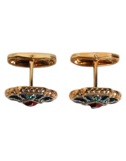 Dolce & Gabbana Gold Brass Blue Enameled Flower Cufflinks