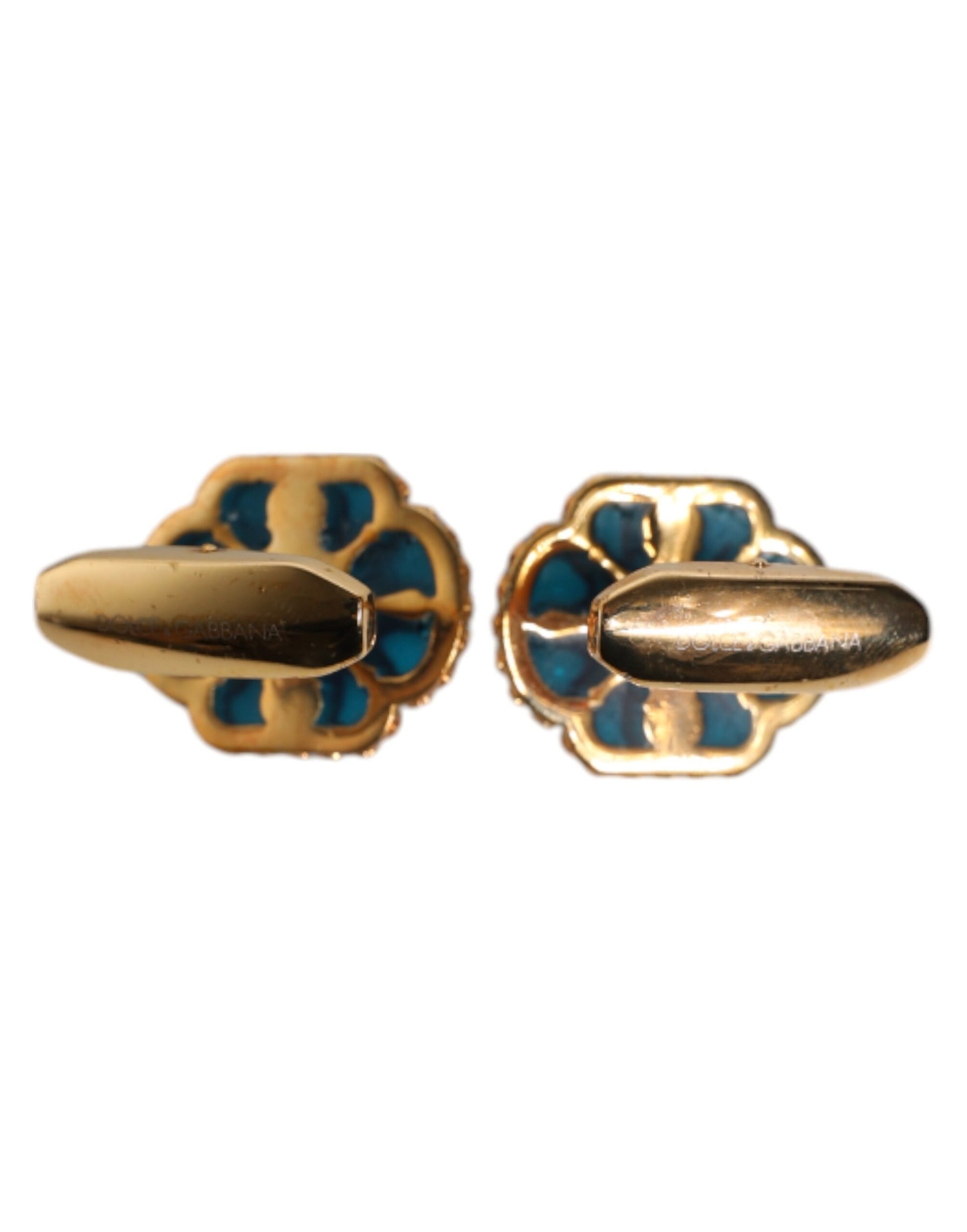Dolce & Gabbana Gold Brass Blue Enameled Flower Cufflinks