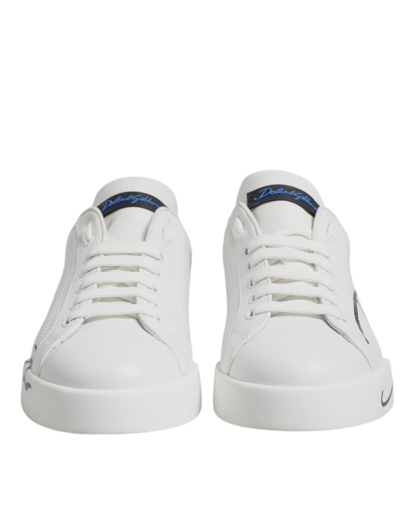 Dolce & Gabbana White & Blue Leather Logo Low Top Sneakers for Men