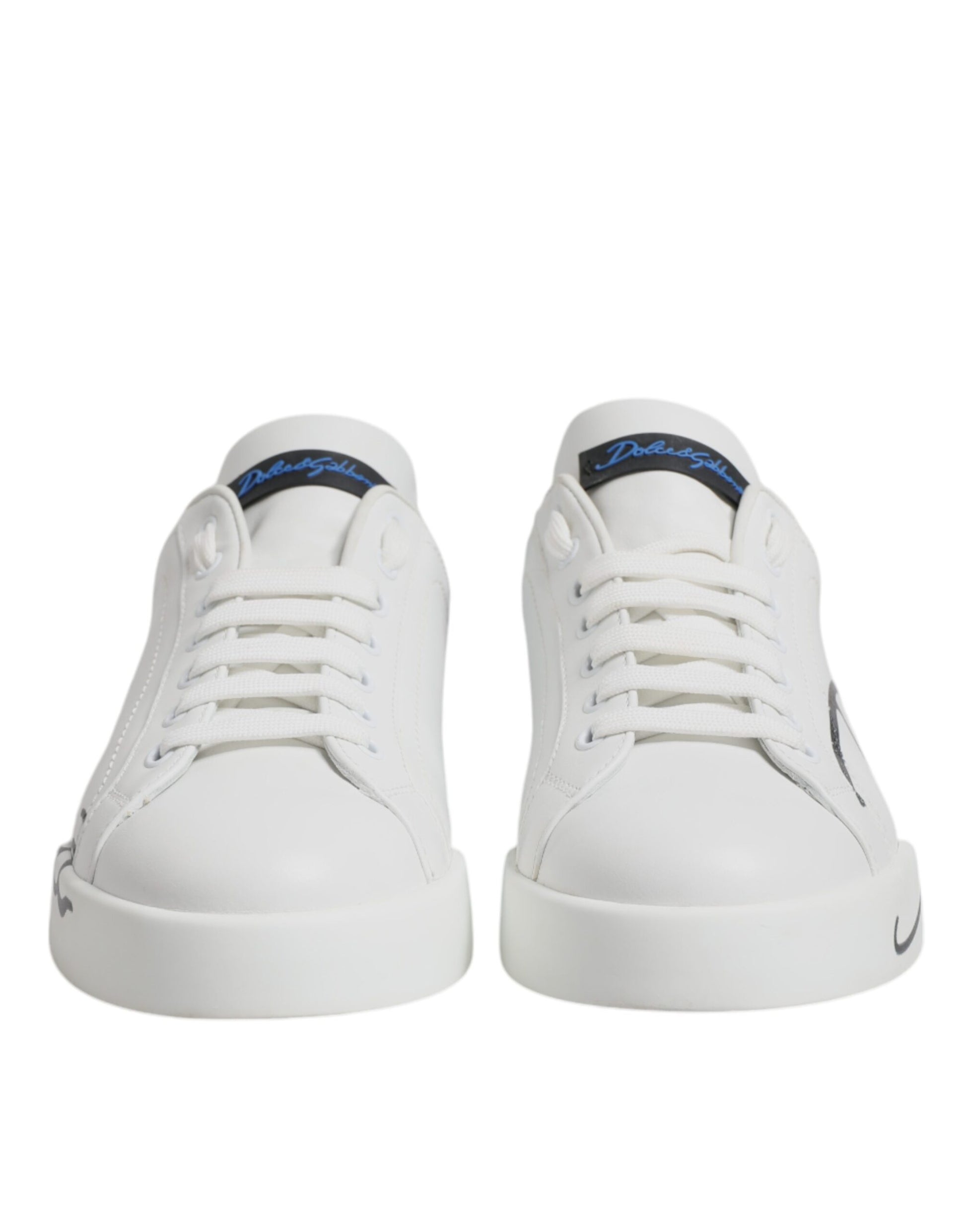 Dolce & Gabbana White & Blue Leather Logo Low Top Sneakers for Men