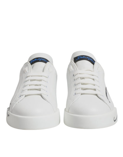 Dolce & Gabbana White & Blue Leather Logo Low Top Sneakers for Men