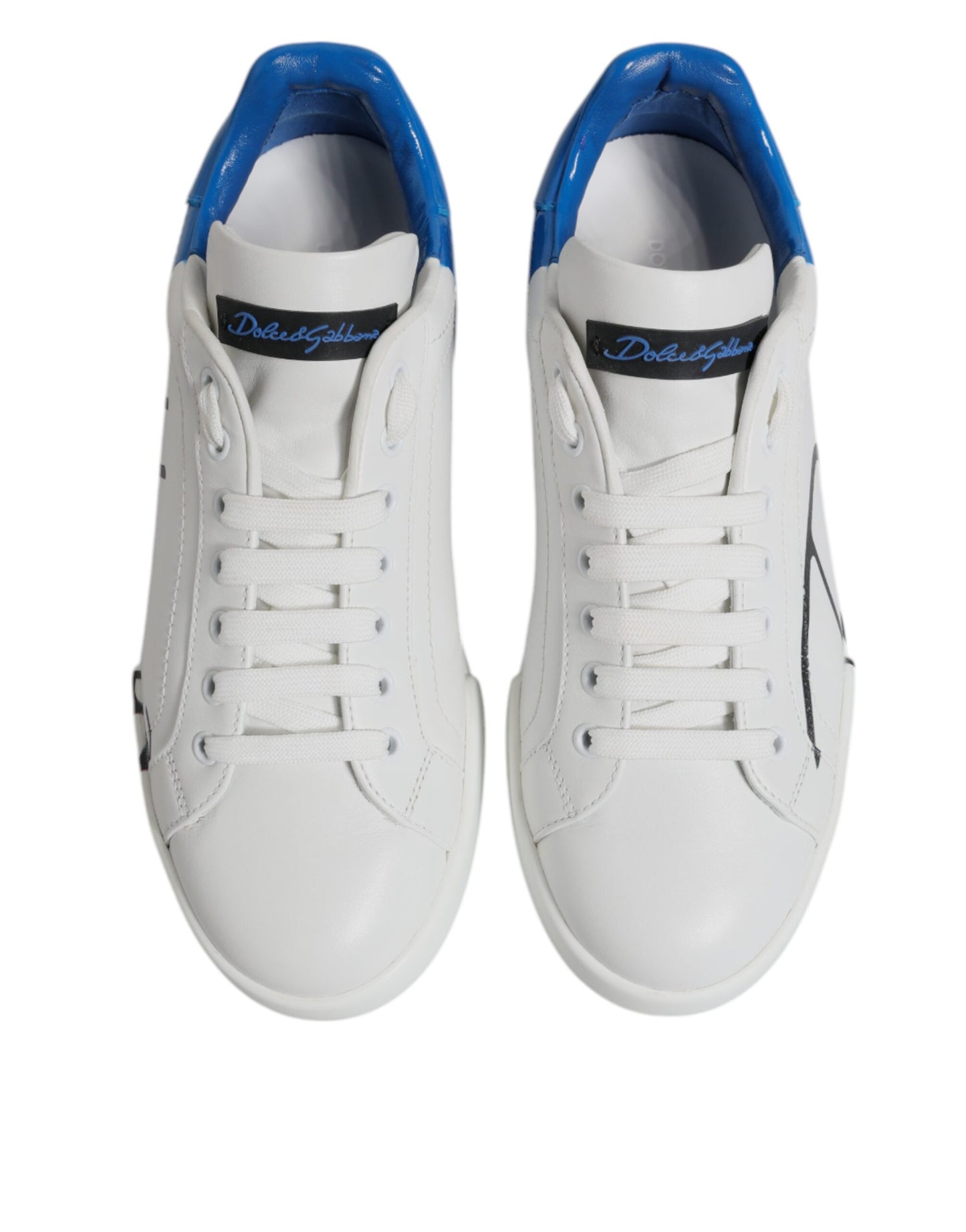 Dolce & Gabbana White & Blue Leather Logo Low Top Sneakers for Men