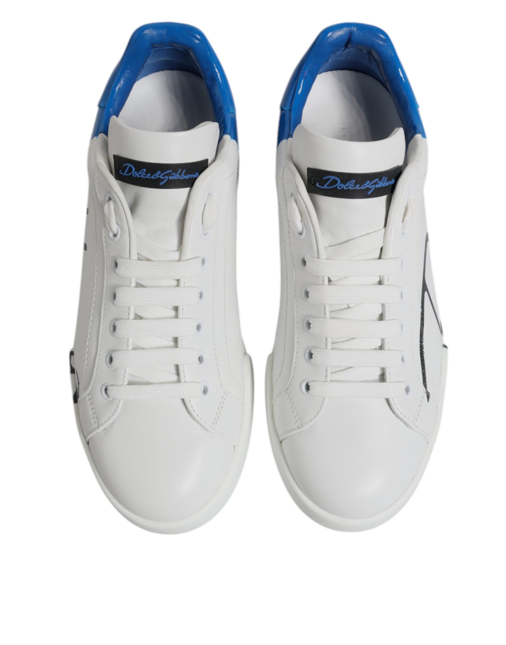 Dolce & Gabbana White & Blue Leather Logo Low Top Sneakers for Men