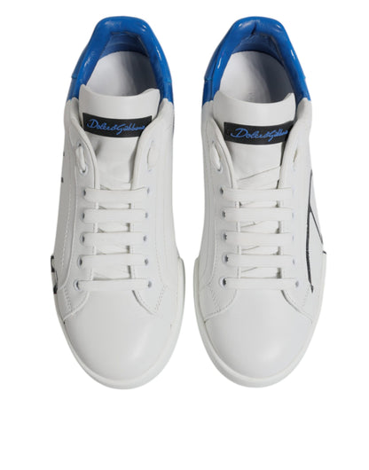 Dolce & Gabbana White & Blue Leather Logo Low Top Sneakers for Men